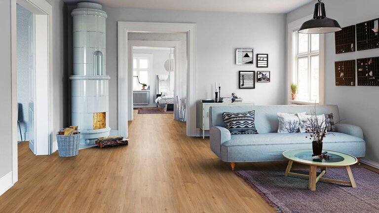 Wohnzimmer, Sofa, Ofen, Teppich, Pflanzen.